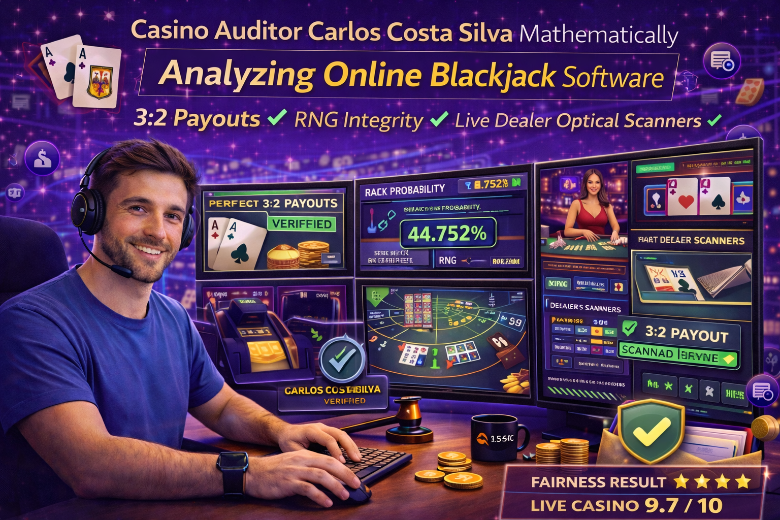 Casino auditor Carlos Costa Silva mathematically analyzing online blackjack software, verifying 3:2 payouts, RNG integrity, and live dealer optical scanners.