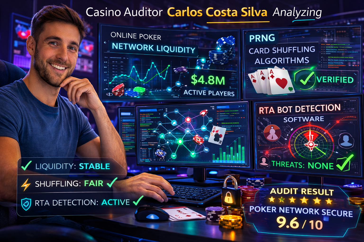 Casino auditor Carlos Costa Silva analyzing online poker network liquidity, PRNG card shuffling algorithms, and Real-Time Assistance (RTA) bot detection software.