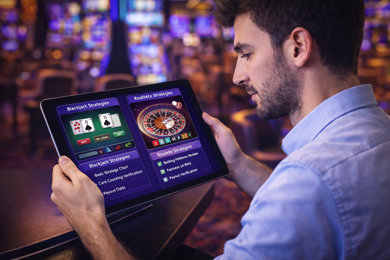 Casino auditor Carlos Costa Silva reviewing digital blackjack and roulette strategies on a tablet, verifying software fairness and payout odds.