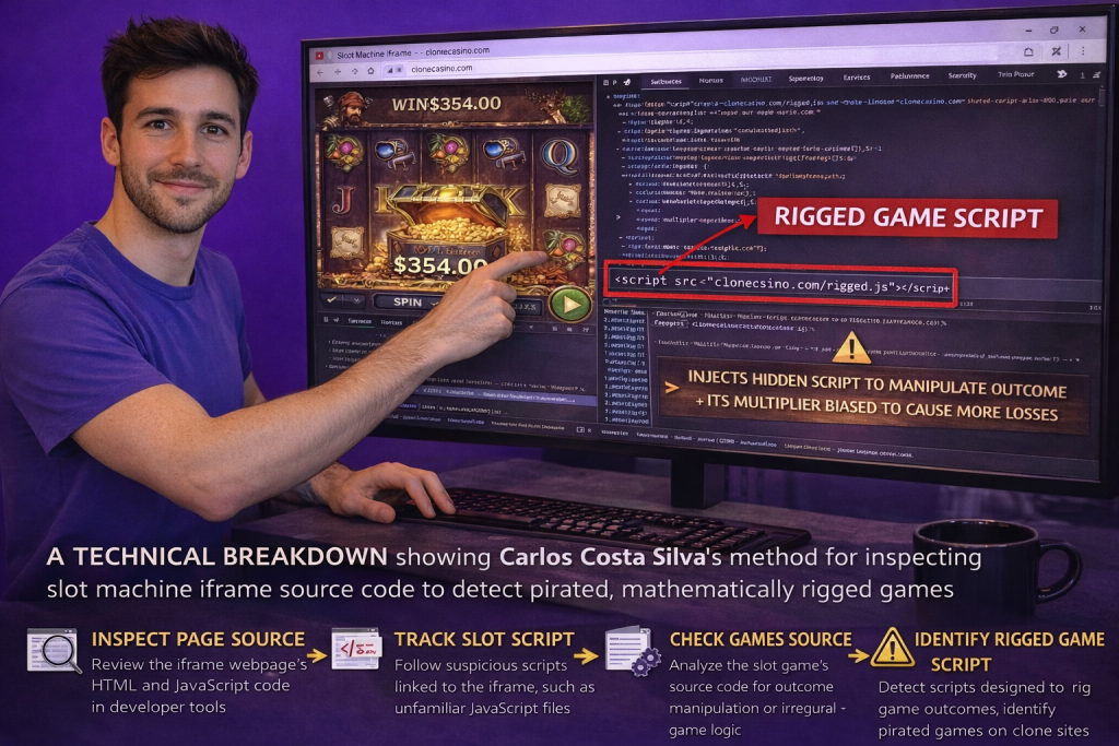 A technical breakdown showing Carlos Costa Silva's method for inspecting slot machine iframe source code to detect pirated, mathematically rigged games on clone casinos.