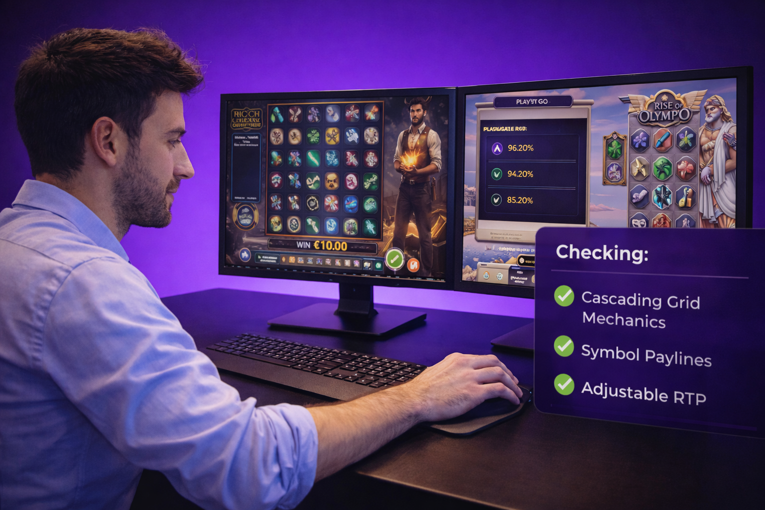 Casino auditor Carlos Costa Silva testing Play'n GO high volatility slots on a dual-monitor setup, verifying cascading grid mechanics and adjustable RTP settings.