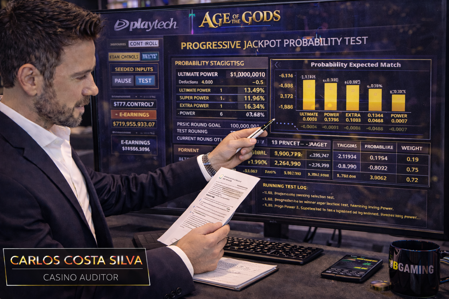 Casino auditor Carlos Costa Silva running a mathematical probability test on the Playtech Age of the Gods progressive jackpot network using a high-definition testing terminal.