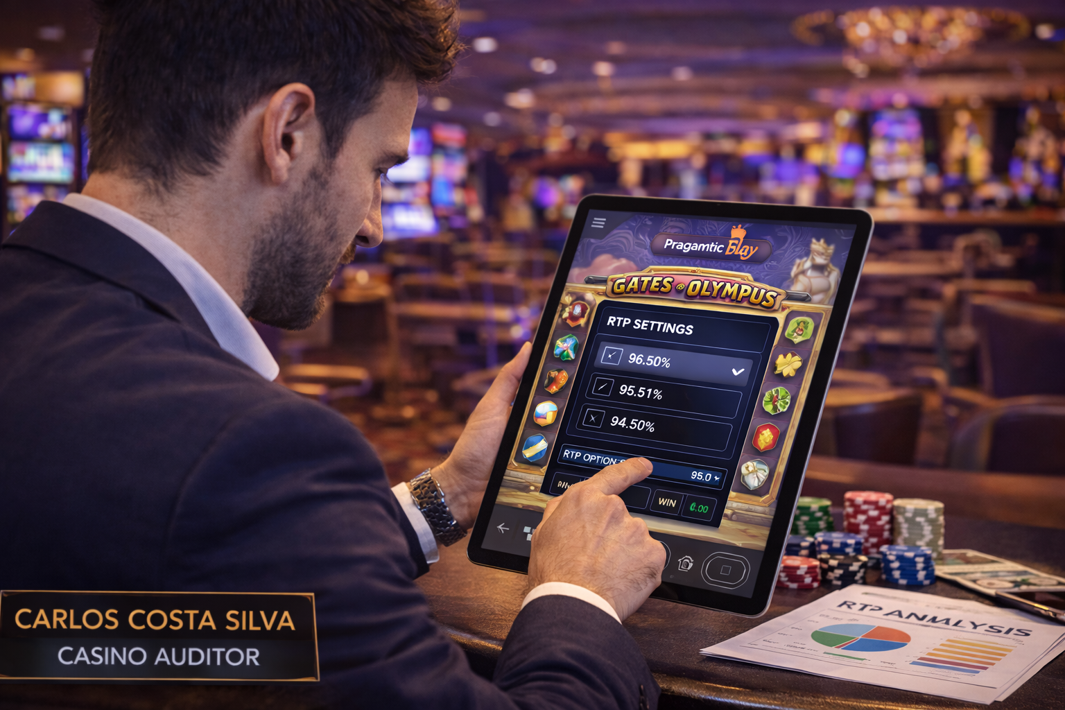 Casino auditor Carlos Costa Silva meticulously checking the live payout RTP settings on a tablet running Pragmatic Play's Gates of Olympus slot inside a luxury casino environment.