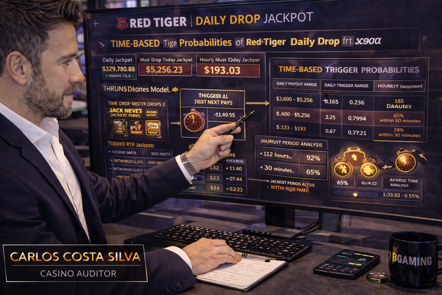 Casino auditor Carlos Costa Silva mathematically analyzing the time-based trigger probabilities of a Red Tiger Daily Drop Jackpot network on a multi-screen terminal.