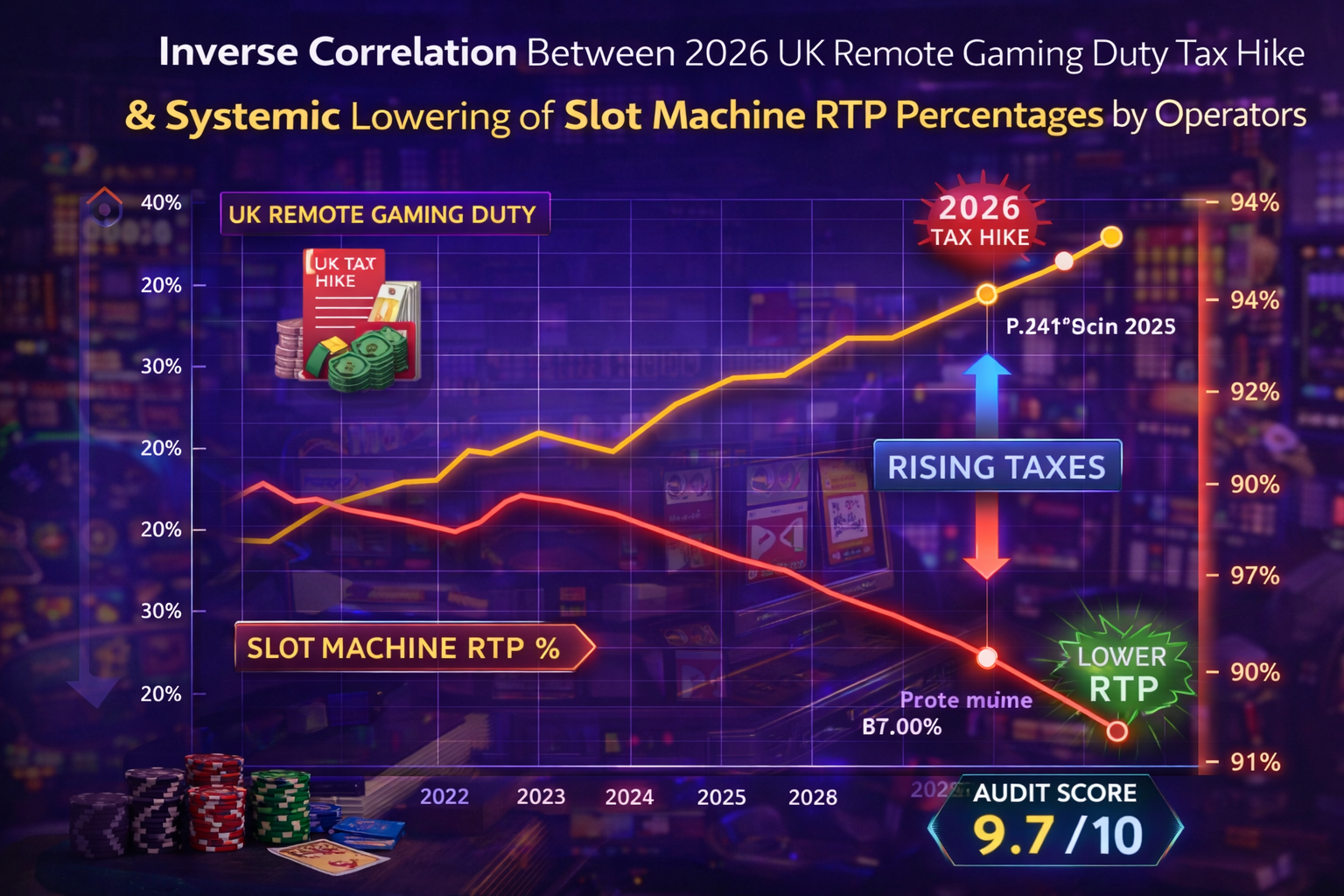 Analytical chart showing the inverse correlation between the 2026 UK Remote Gaming Duty tax hike and the systemic lowering of slot machine RTP percentages by operators.