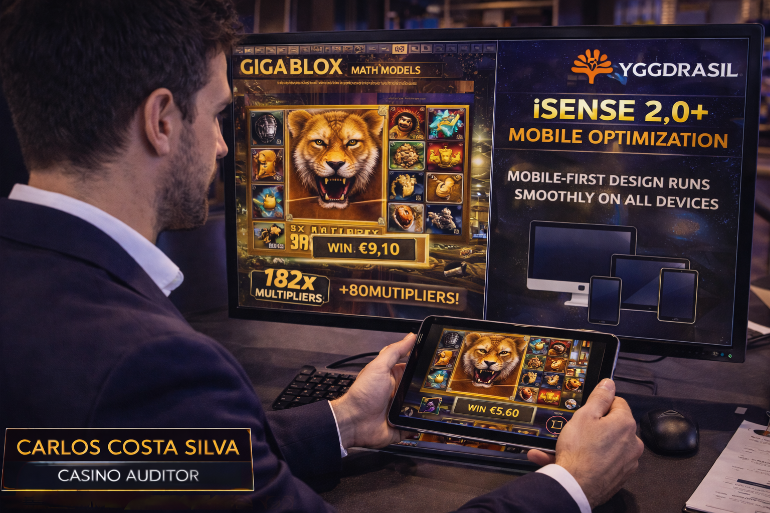 Casino auditor Carlos Costa Silva meticulously testing Yggdrasil's GigaBlox math models and verifying the iSENSE 2.0+ mobile optimization on a dual-screen setup.