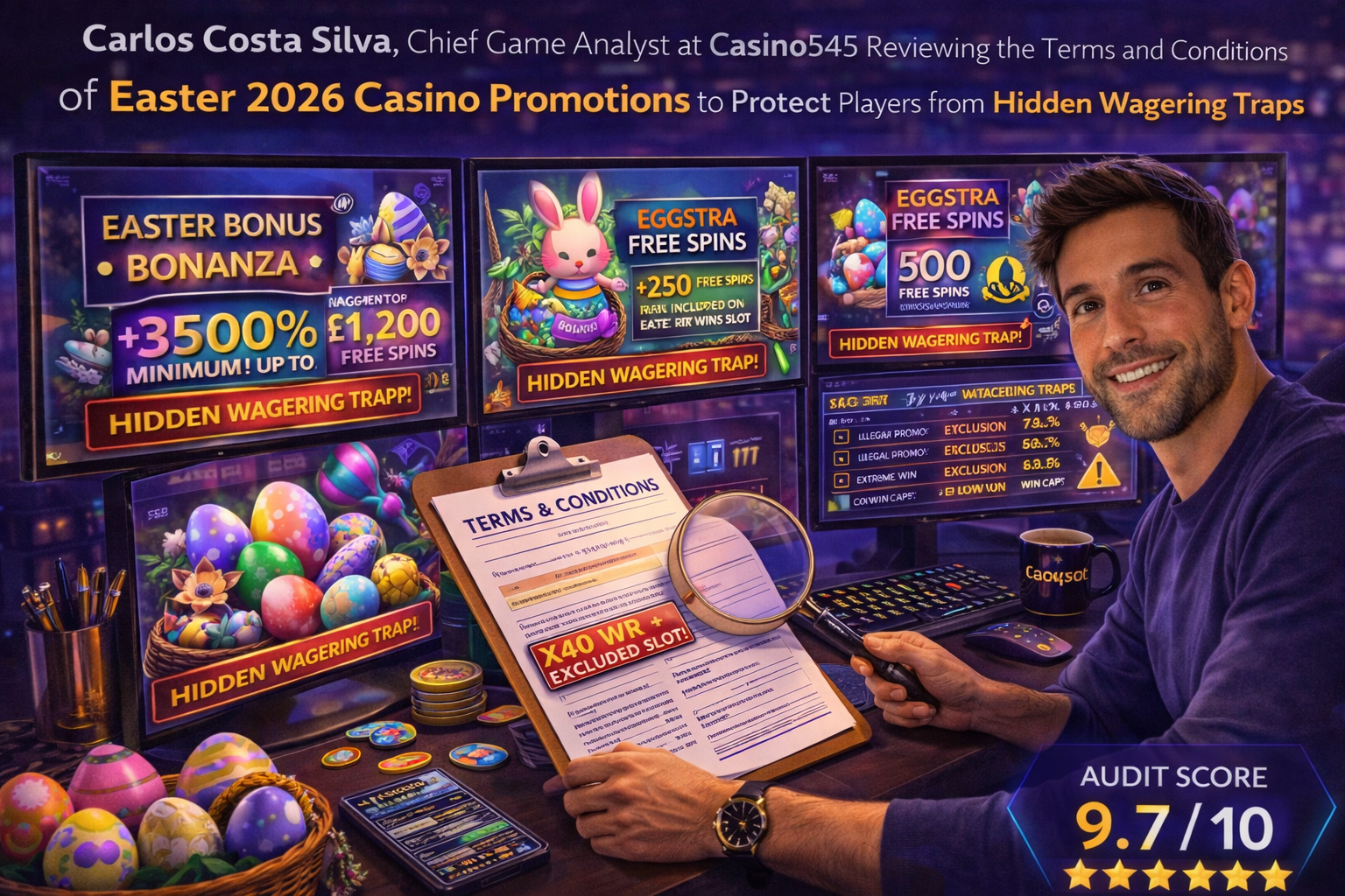 Carlos Costa Silva, Chief Game Analyst at Casino545, reviewing the terms and conditions of Easter 2026 casino promotions to protect players from hidden wagering traps.