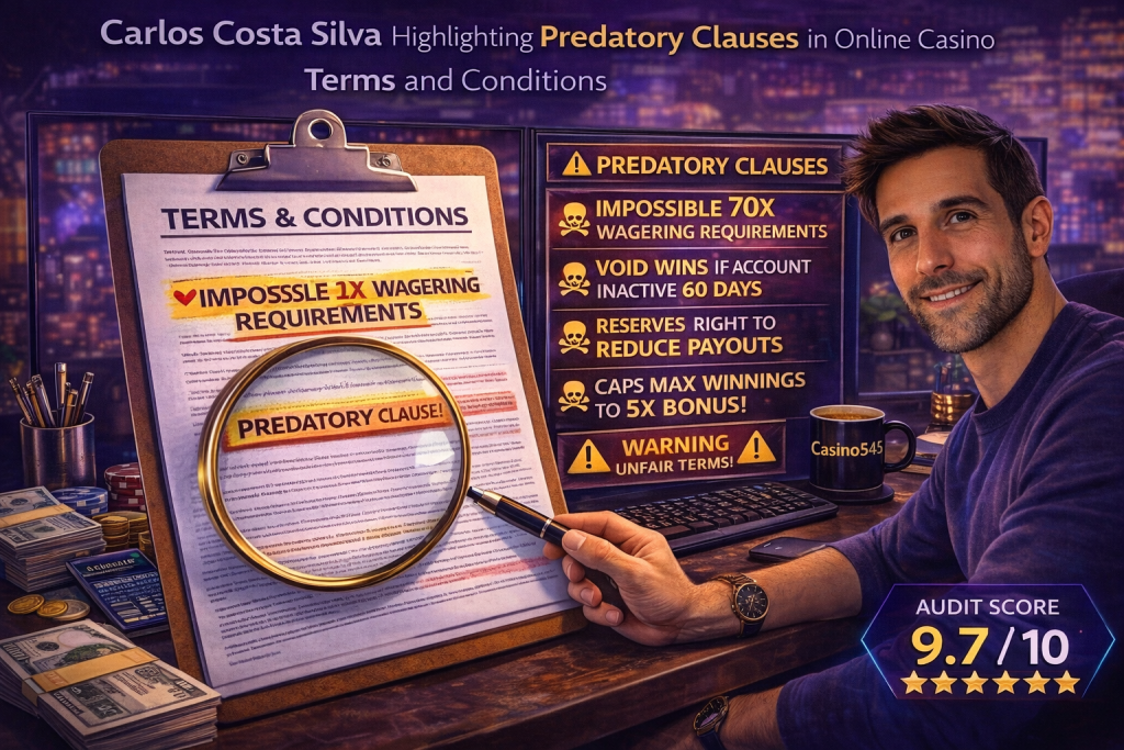 Carlos Costa Silva highlighting predatory clauses in online casino terms and conditions