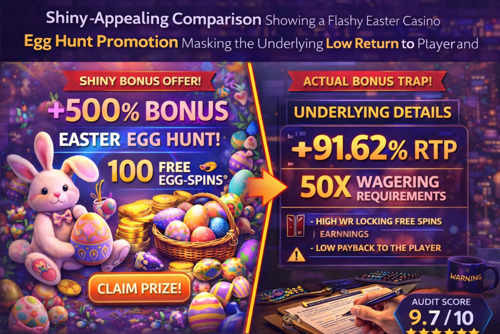 目立つイースターカジノエッグハントのプロモーションが、根底にある低いプレイヤー還元率と高い賭け条件を隠している横並びの比較