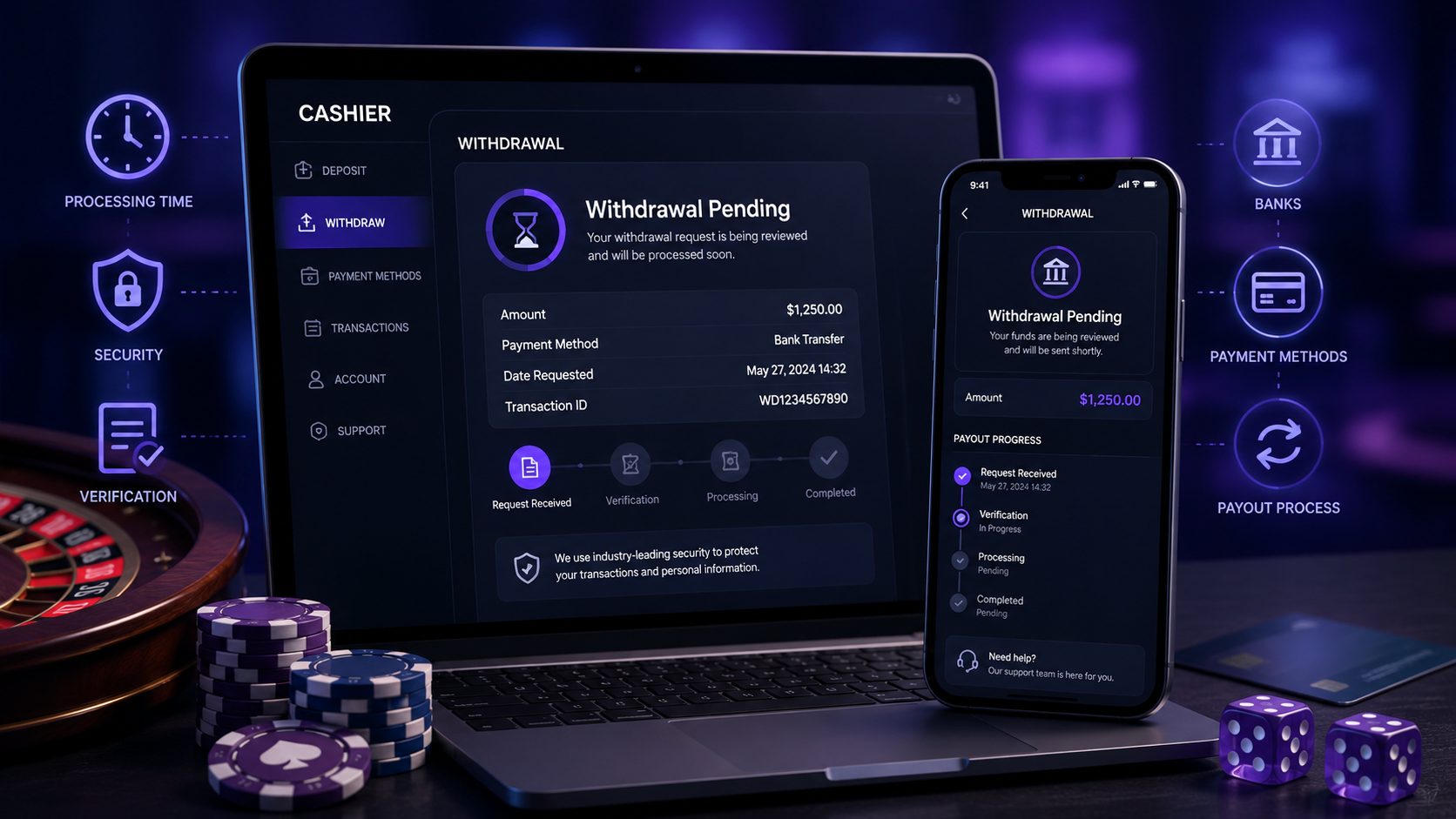 Online casino withdrawal pending screen showing processing, verification and payment stages
